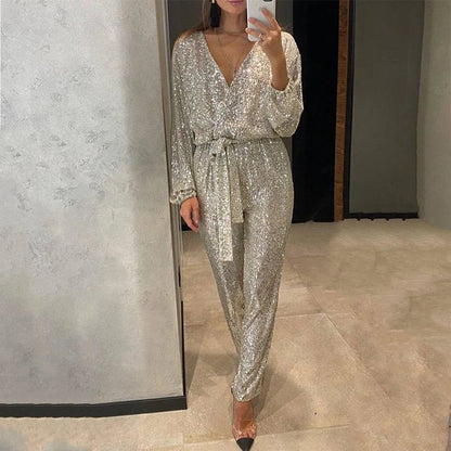 🎁Christmas Sale - 50% OFF💕Women's Sparkly V Neck Belted Jumpsuits